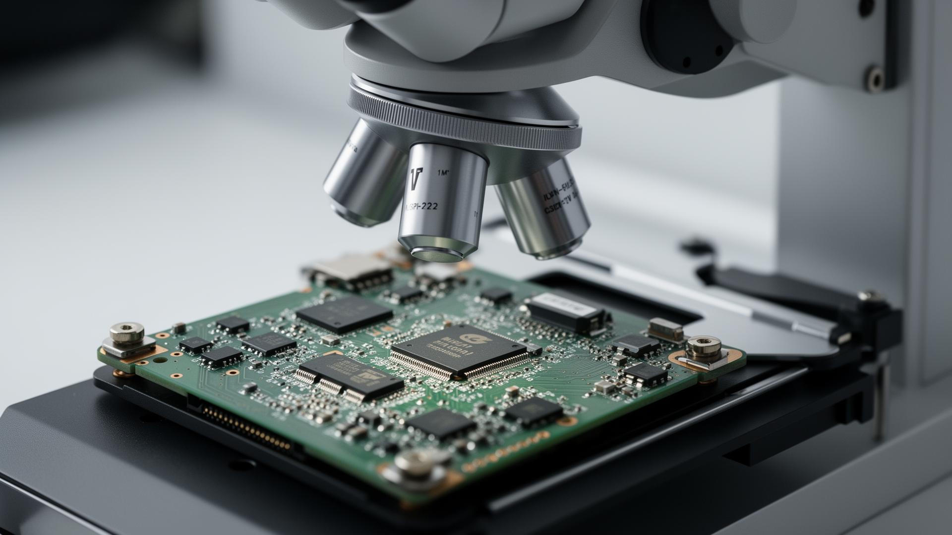 Electronic logic board under an industrial stereo microscope in a hardware testing workstation